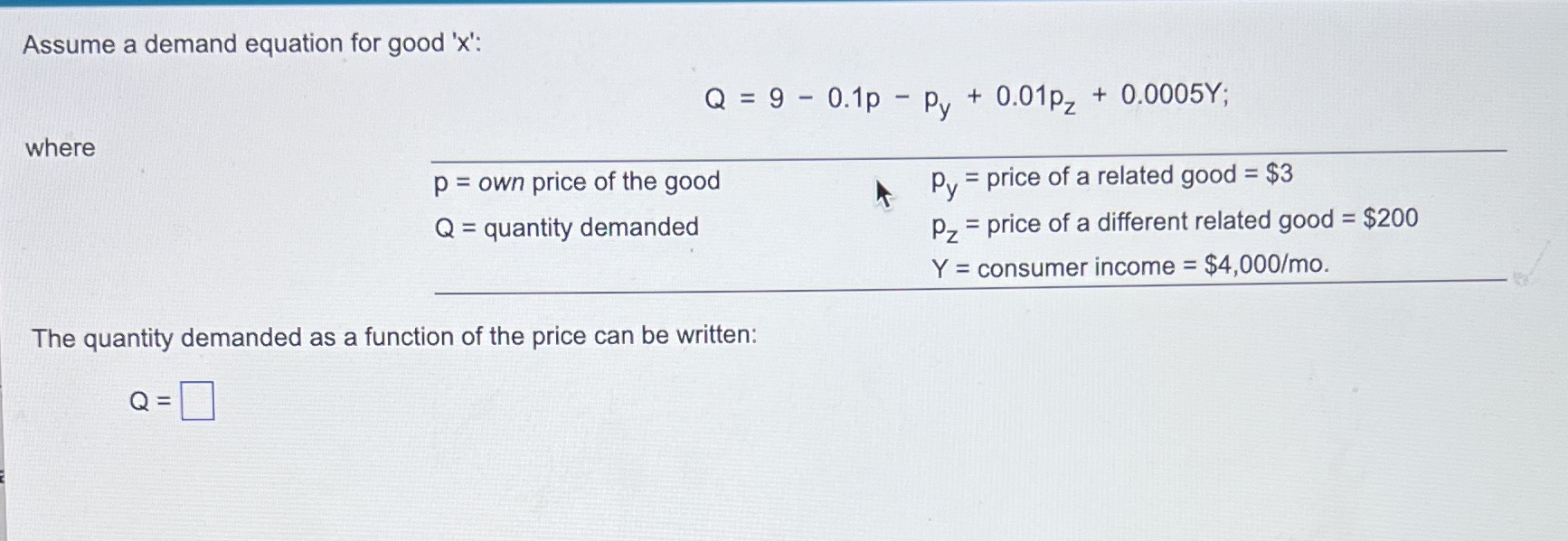 0.1p - Py + 0.01P2 + 0.0005Y; where p = own price