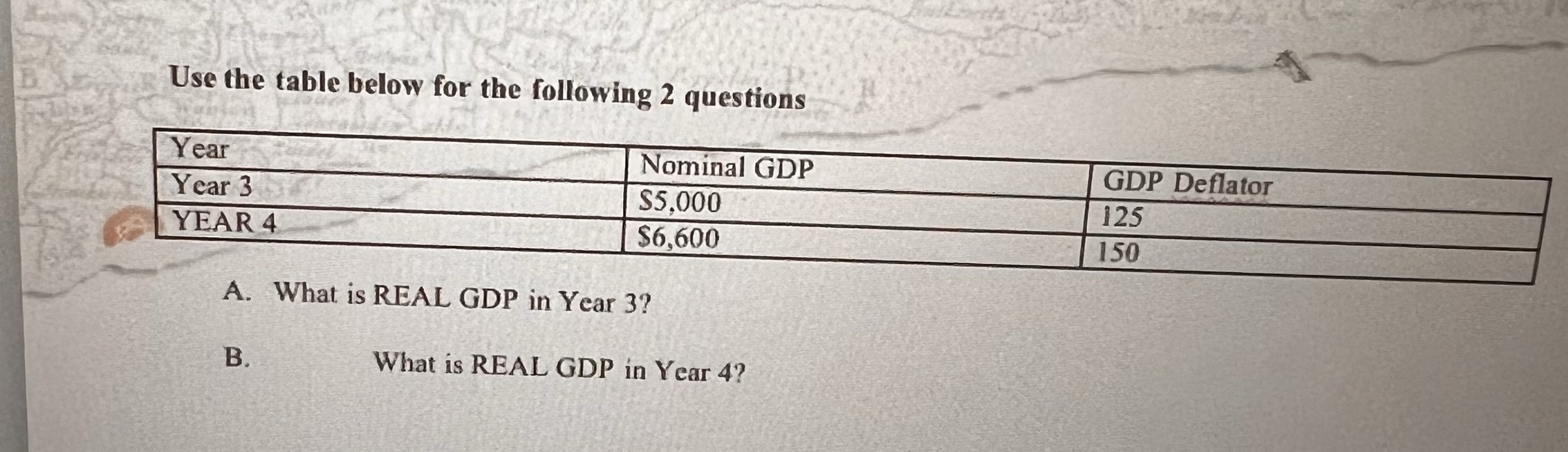 questions Year Nominal GDP GDP Deflator Year 3 $5.000 125 YEAR 4