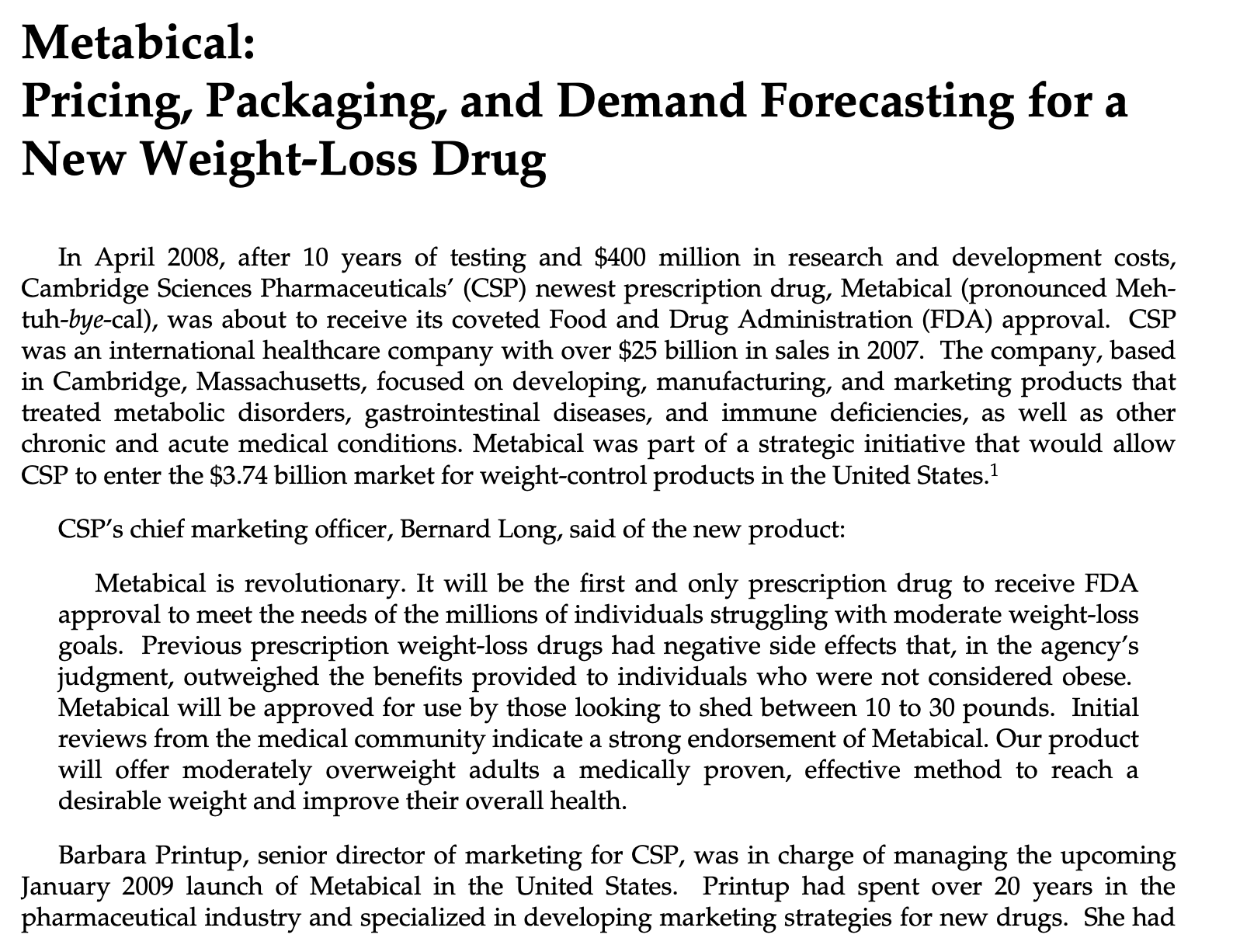  Metabical: Pricing, Packaging, and Demand Forecasting for a New Weight-Loss Drug