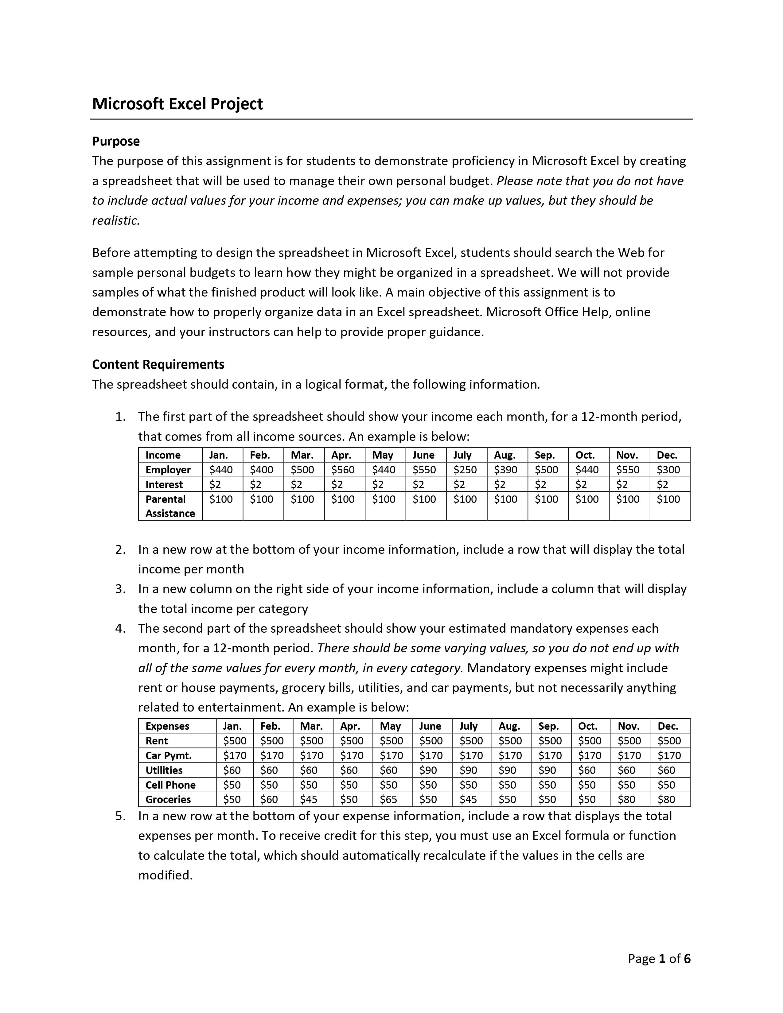  I need help with this project, please. Microsoft Excel Project Purpose