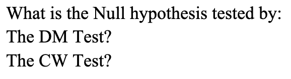 What is the Null hypothesis tested by: The DM Test? The CW