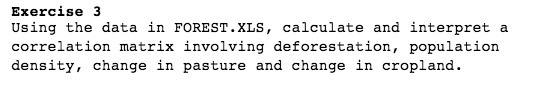 a correlation matrix involving deforestation, population density, change in pasture and change