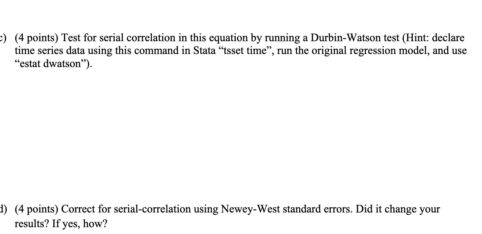 running a Durbin-Watson test (Hint: declare time series data using this command