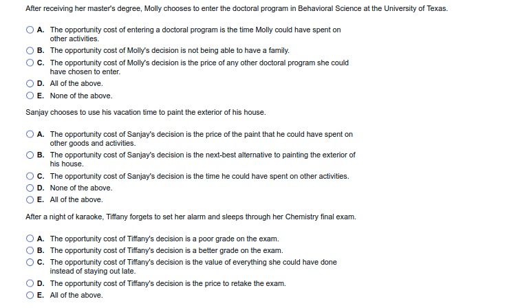 situations, identify the full cost (opportunity cost)' involved: Monique quits her $75,000