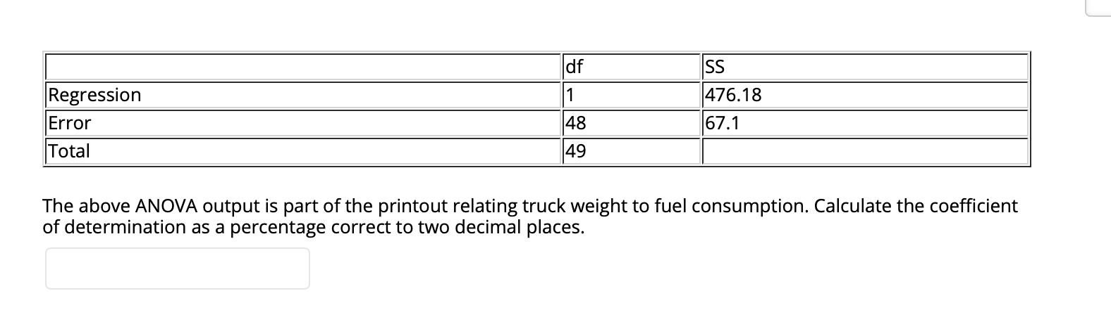  df SS Regression 476.18 Error 48 67.1 Total 49 The above