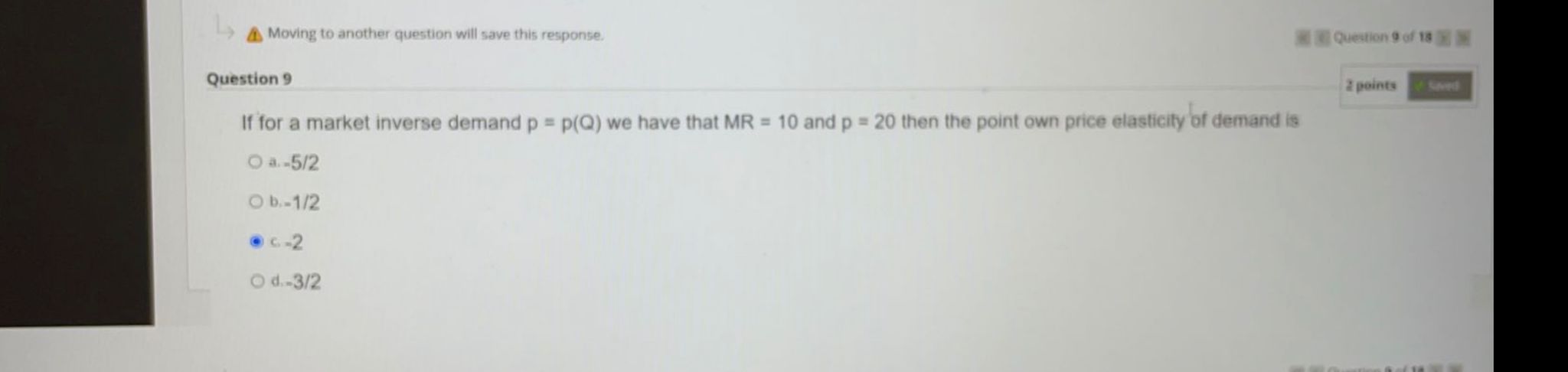 of 18 Question 9 2 points If for a market inverse demand