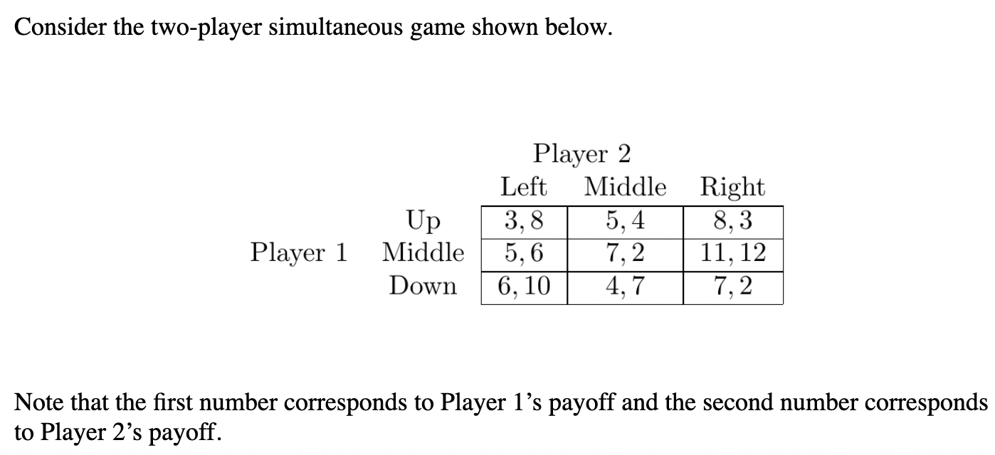  Game Theory Consider the two-player simultaneous game shown below. Player 2