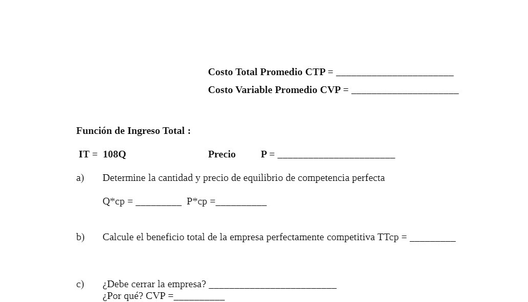 Variable Promedio CVP Precio a) b) c) Determine la cantidad y precio