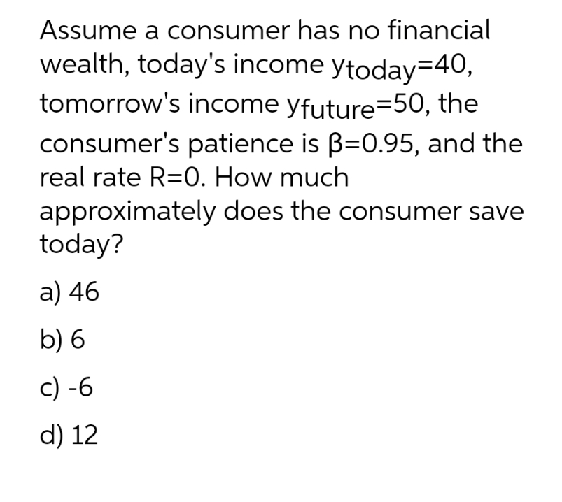 send me typed answer!!! Assume a consumer has no financial wealth, today's