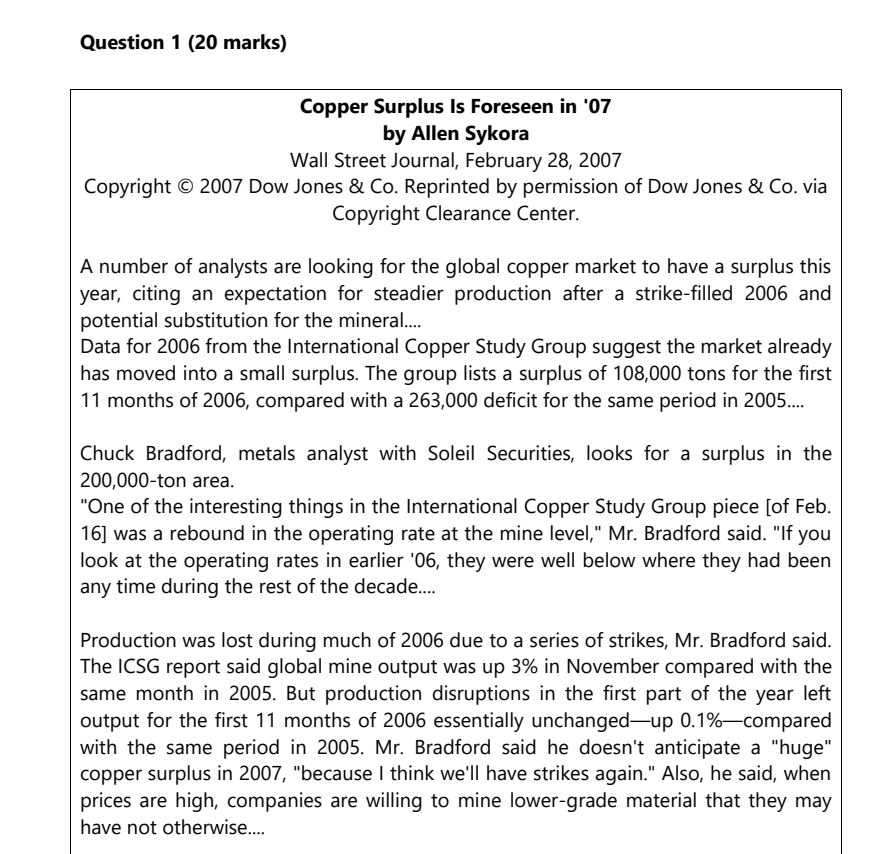 Question 1 [20 marks} Copper Surplus Is Foreseen in '0? by