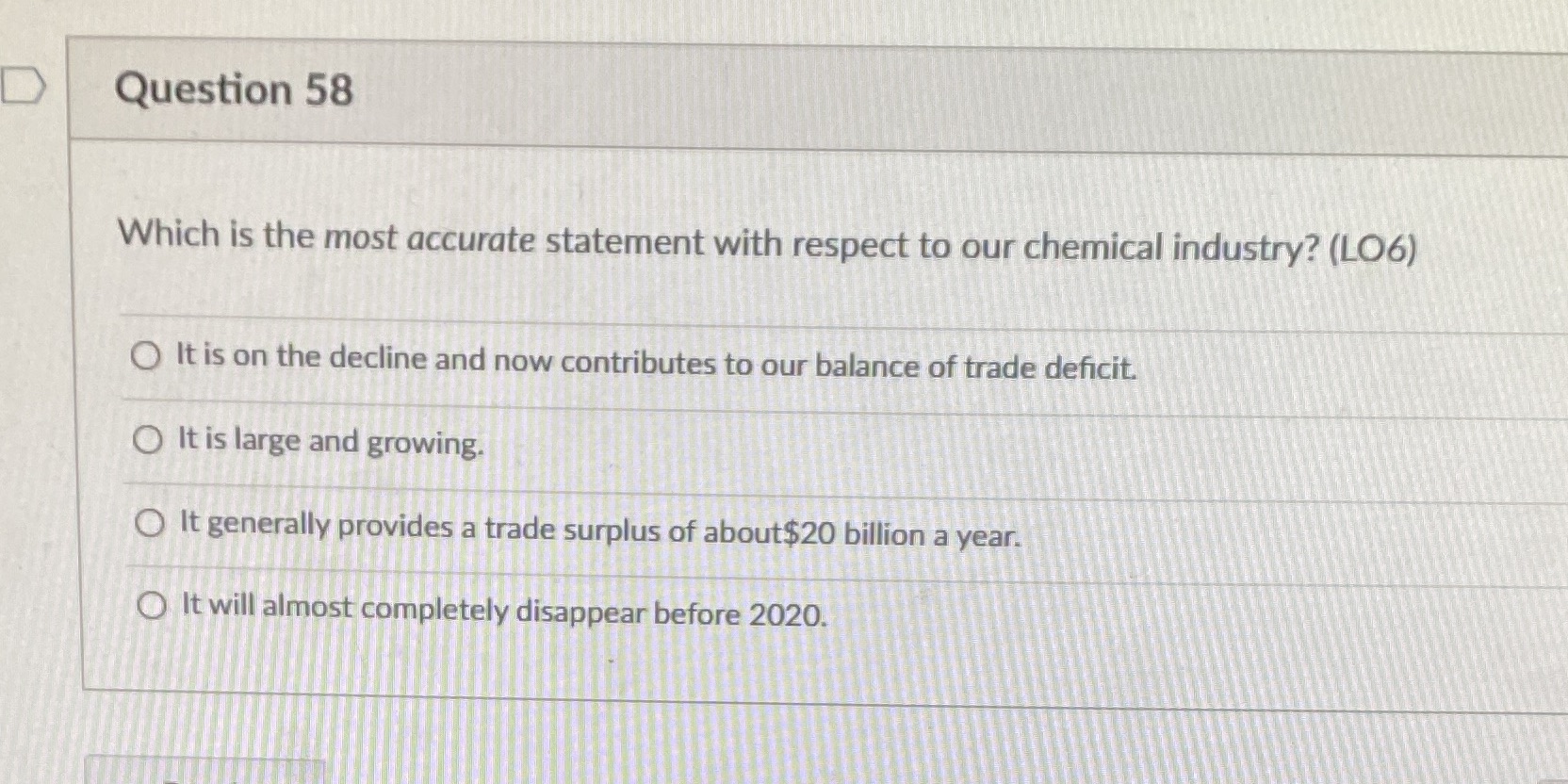 our chemical industry? (LO6) O It is on the decline and now