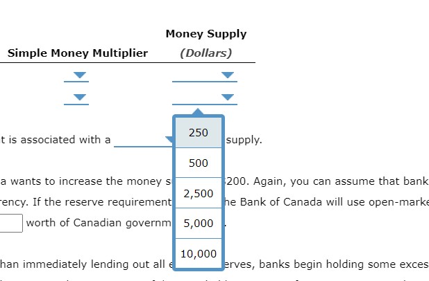 each reserve requirement listed in the following table. Reserve Requirement Money Supply