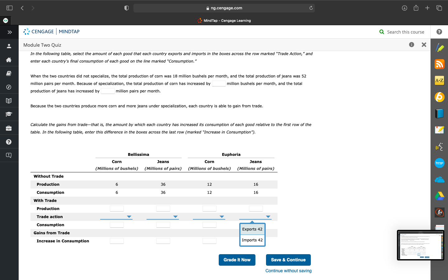 or jeans that can be produced using 1 hour of labor. Corn