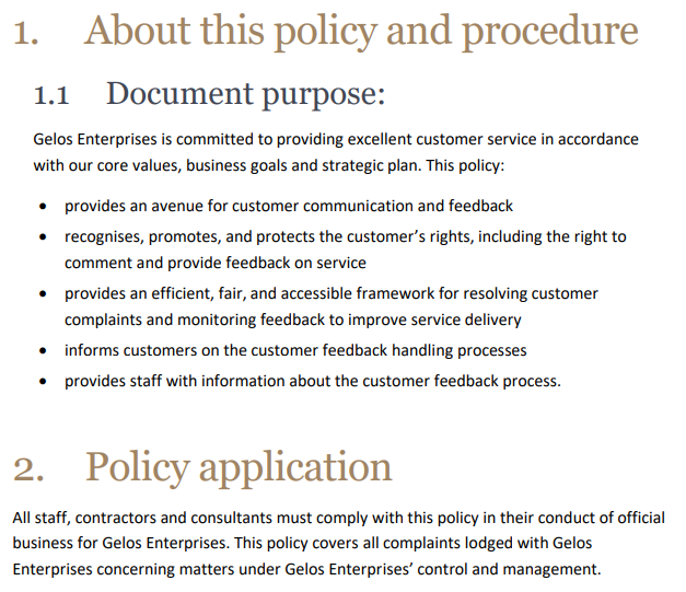 complaints lodged with Gelos Enterprises concerning matters under Gelos Enterprises' control and