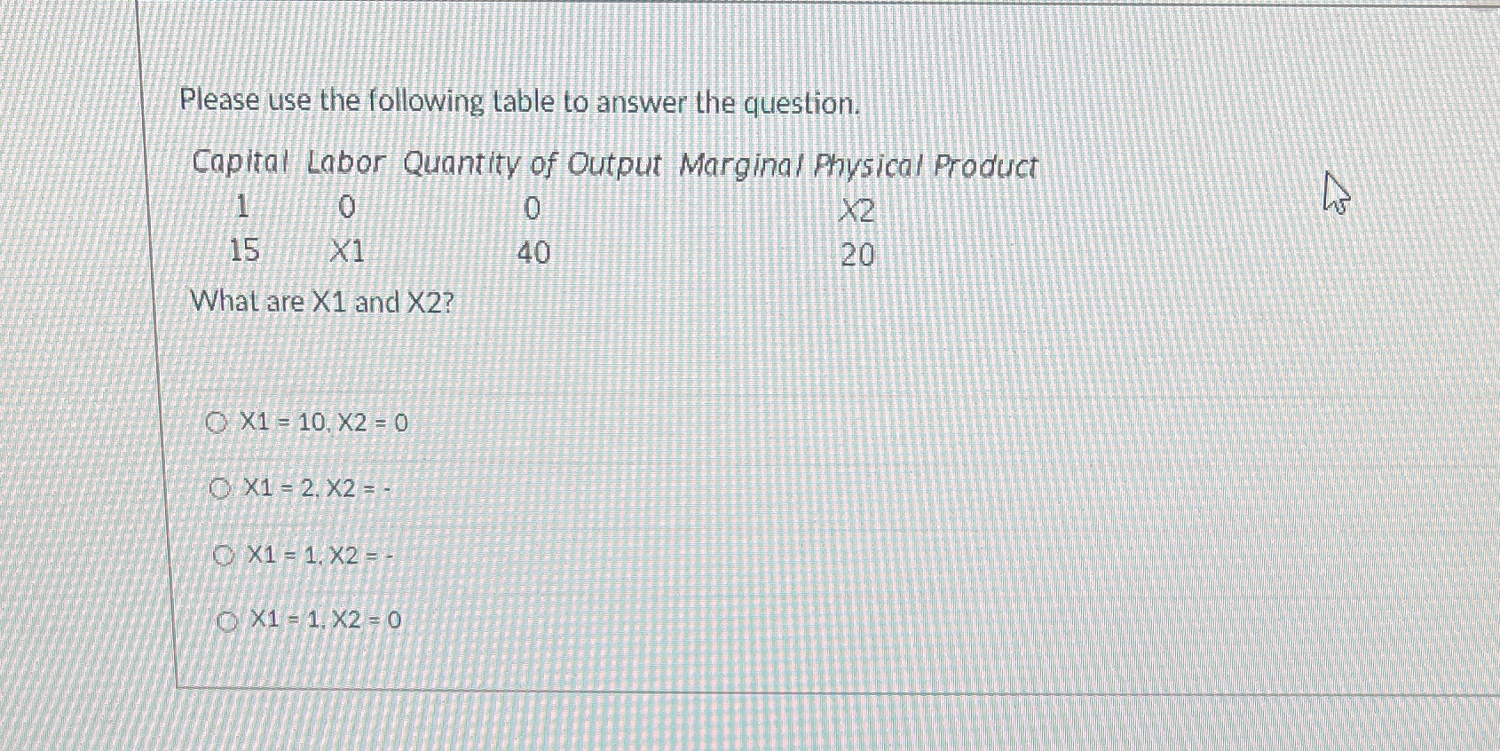 Please use the following table to answer the question. Capital Labor