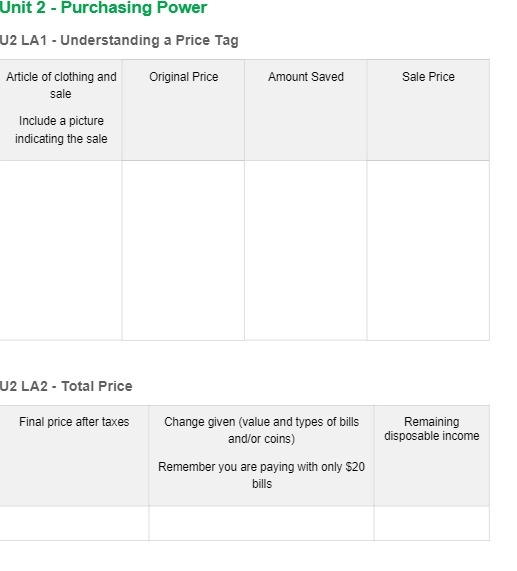  Unit 2 - Purchasing Power U2 LA1 - Understanding a Price