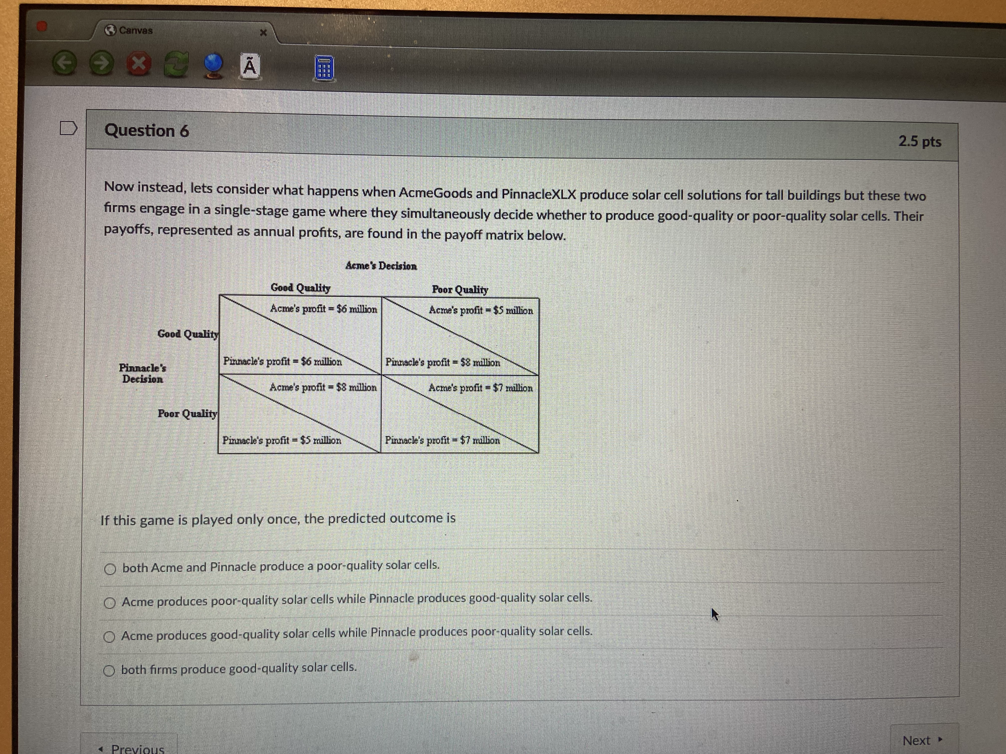 Pinnacle's profit - $6 million Pinnacle's profit - $8 million Pinnacle's Decision