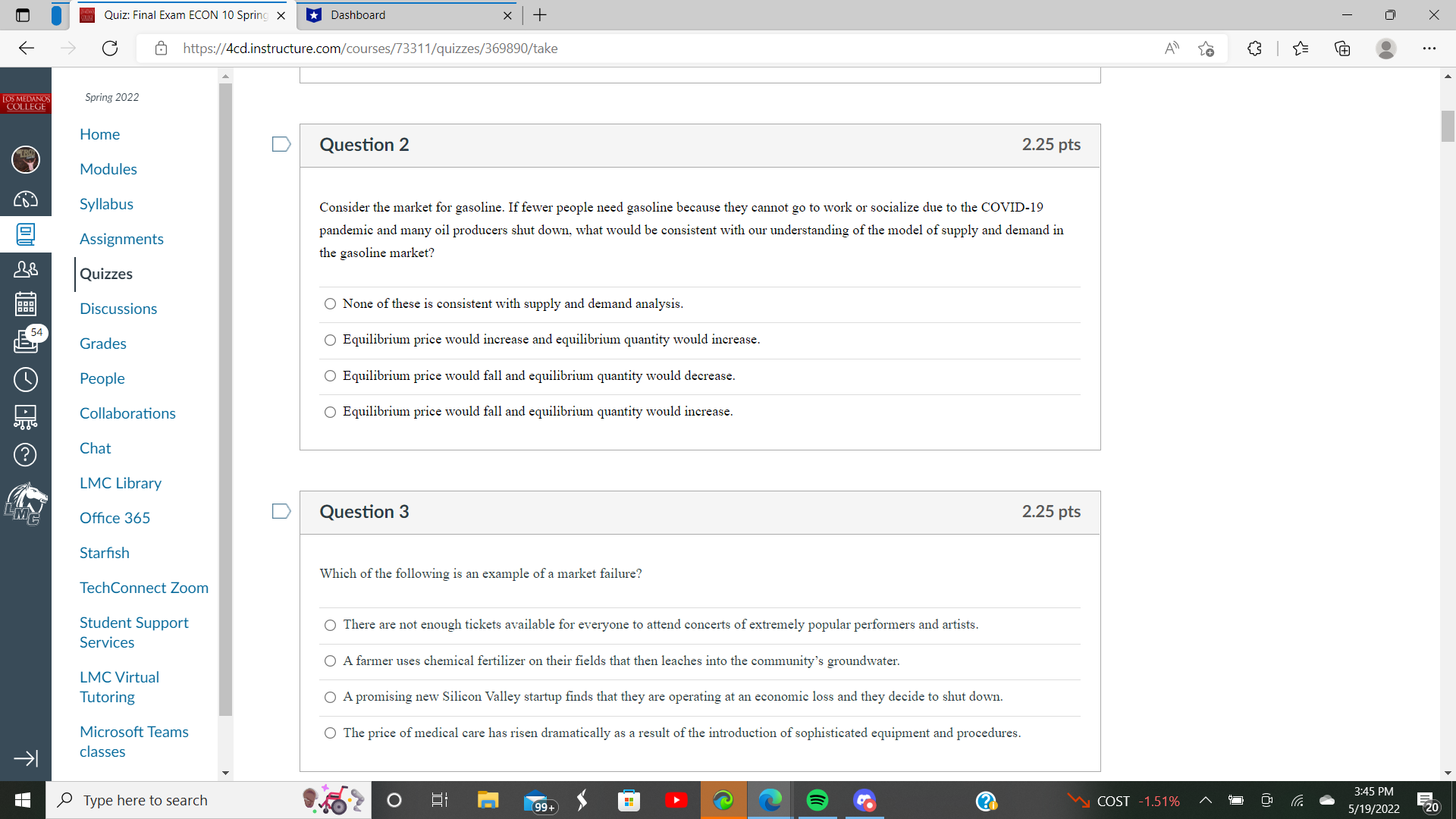 -> C @ https://4cd.instructure.com/courses/73311/quizzes/369890/take . . . Time Running: Hide Time OS