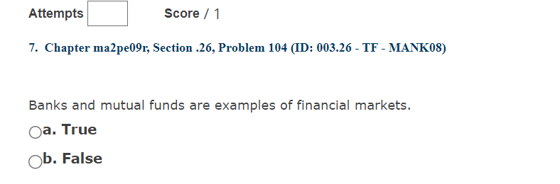 Attempts Score / 1 7. Chapter ma2pe09r, Section .26, Problem 104