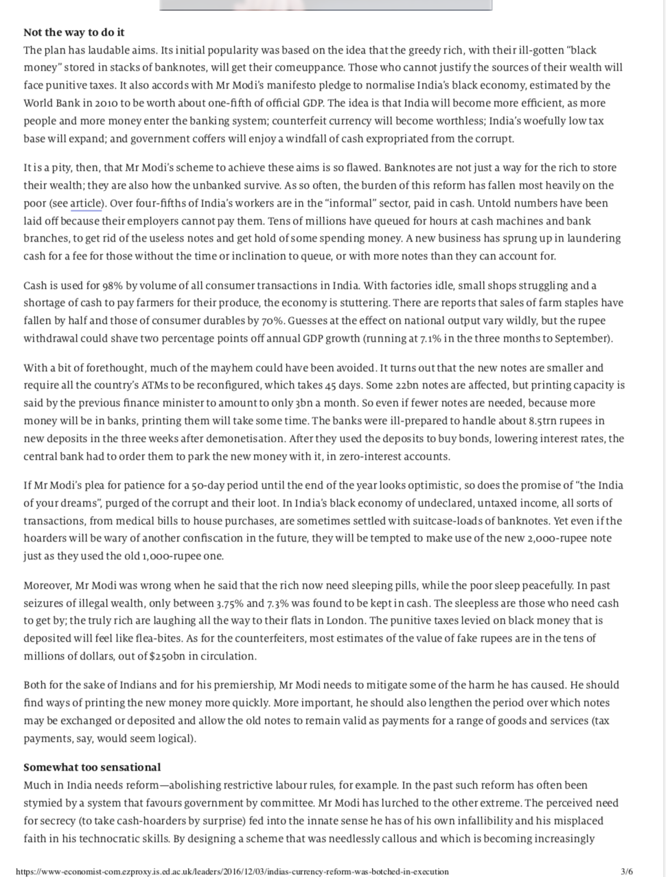 article on India's 2016 currency reforms included with this week's materiall. (a)