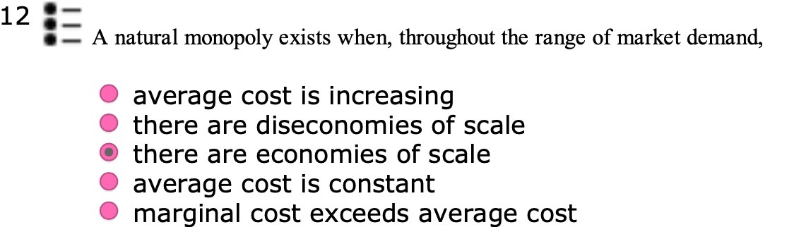range of market demand, 0 average cost is increasing 0 there are
