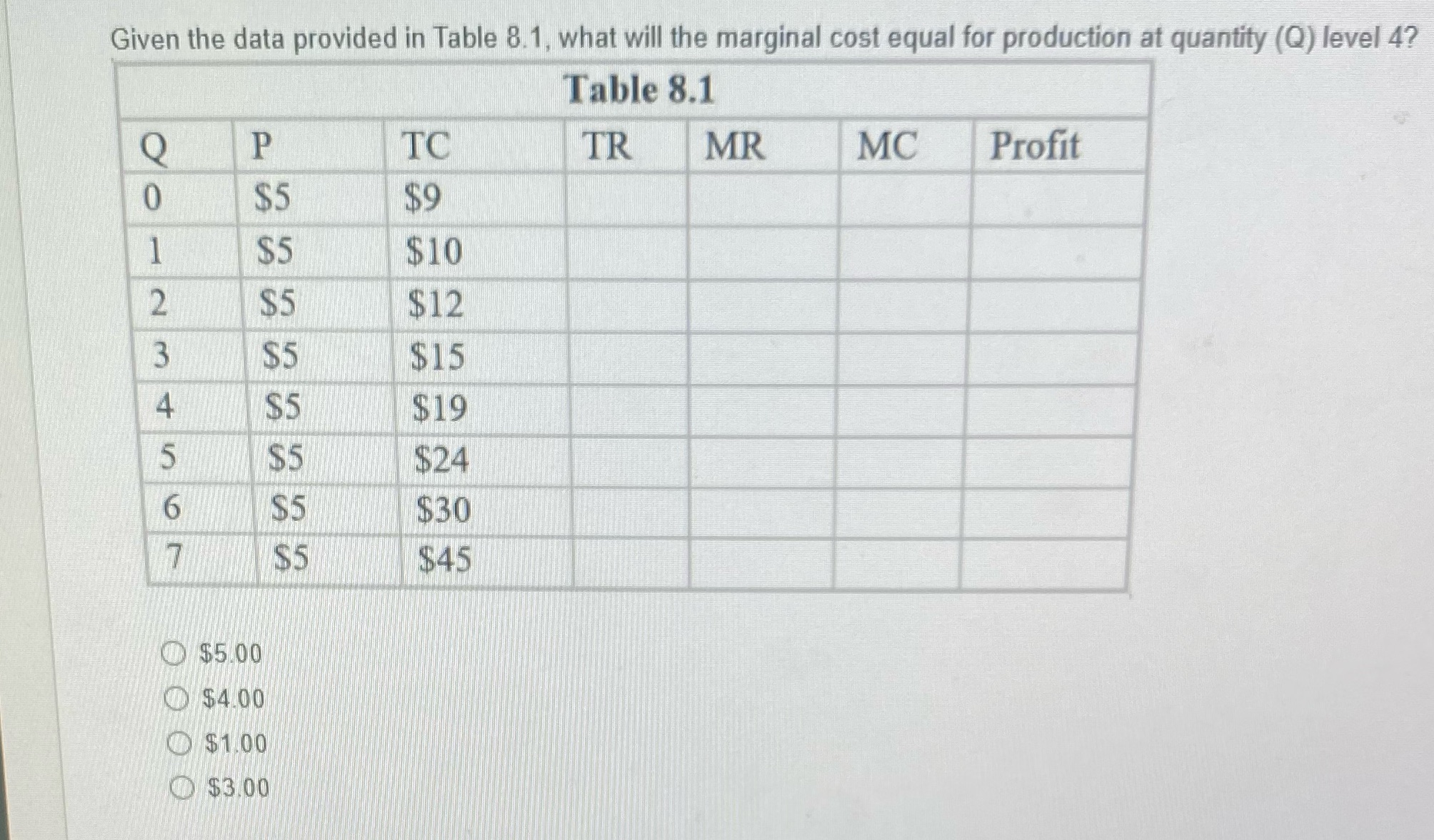 Given the data provided in Table 8.1, what will the marginal