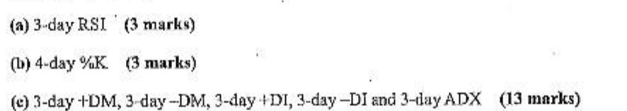  (a) 3-day RSI (3 marks) (b) 4-day %K. (3 marks) (c)