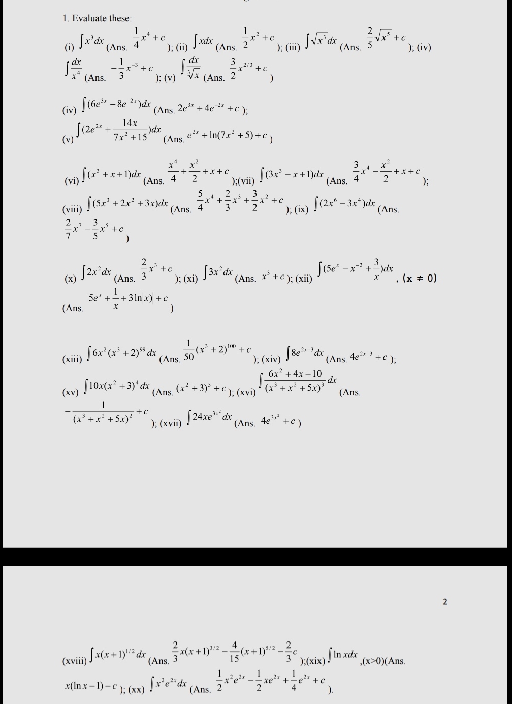 1. Evaluate these: (Ans. 4 (Ans. 2 (ii) dx 3 ); (iii)
