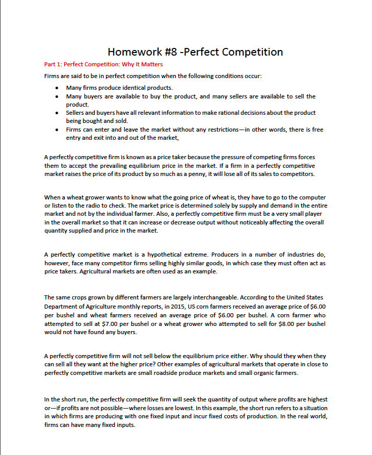  Homework #8 -Perfect Competition Part 1: Perfect Competition: Why It Matters