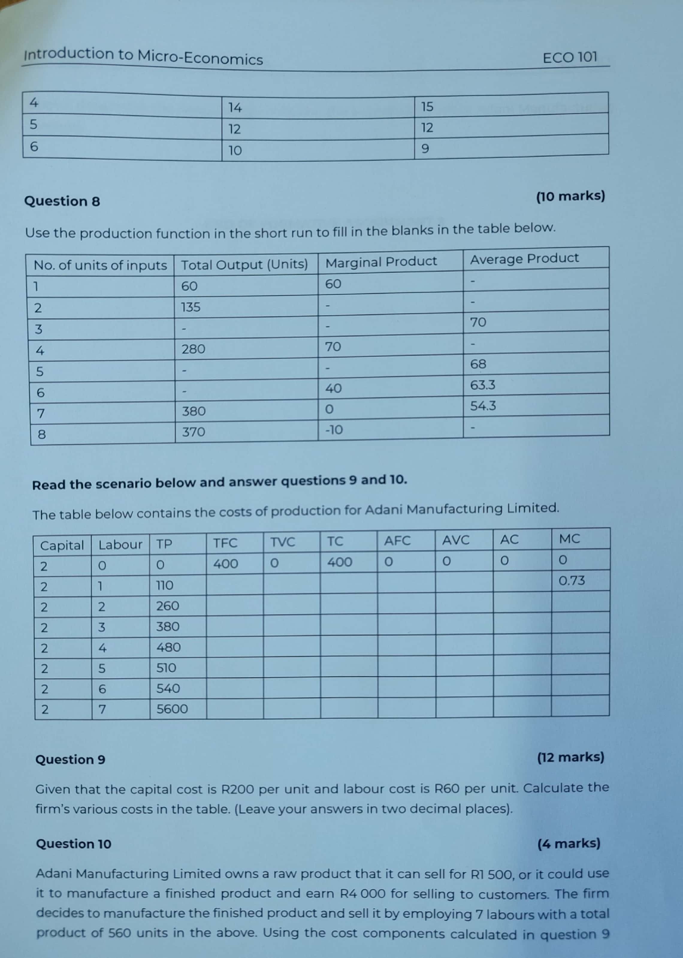 run to fill in the blanks in the table below. No. of