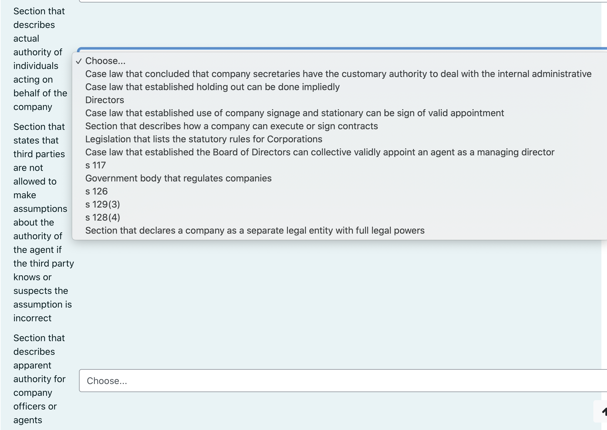law agency Sections that defined partnership property Choose... A v 0 Choose...
