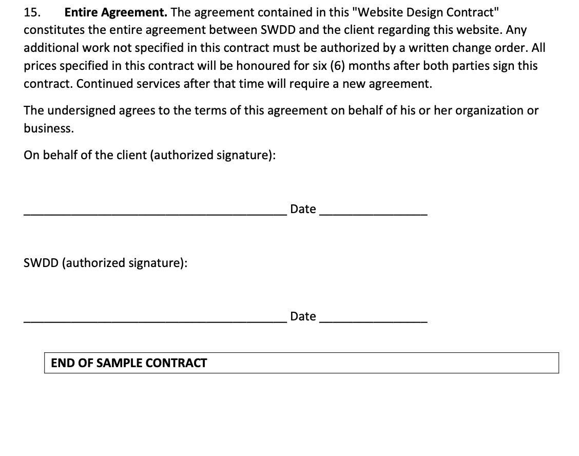 (assignment of project), 11 (disclaimer) and 12 (indemnification) in the sample agreement.
