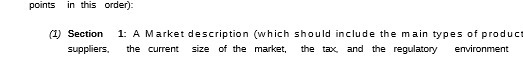  points in this order): (1) Section 1: A Market description (which