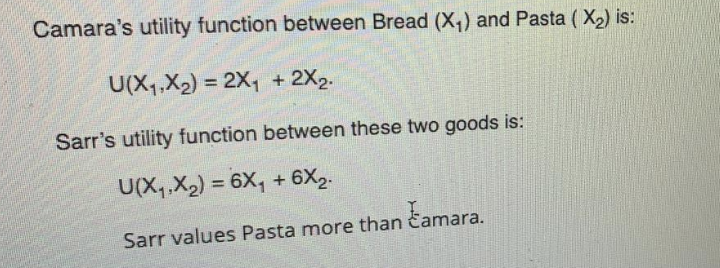 Pasta ( X2) is: U(X1,X2) = 2X1 + 2X2. Sarr's utility function