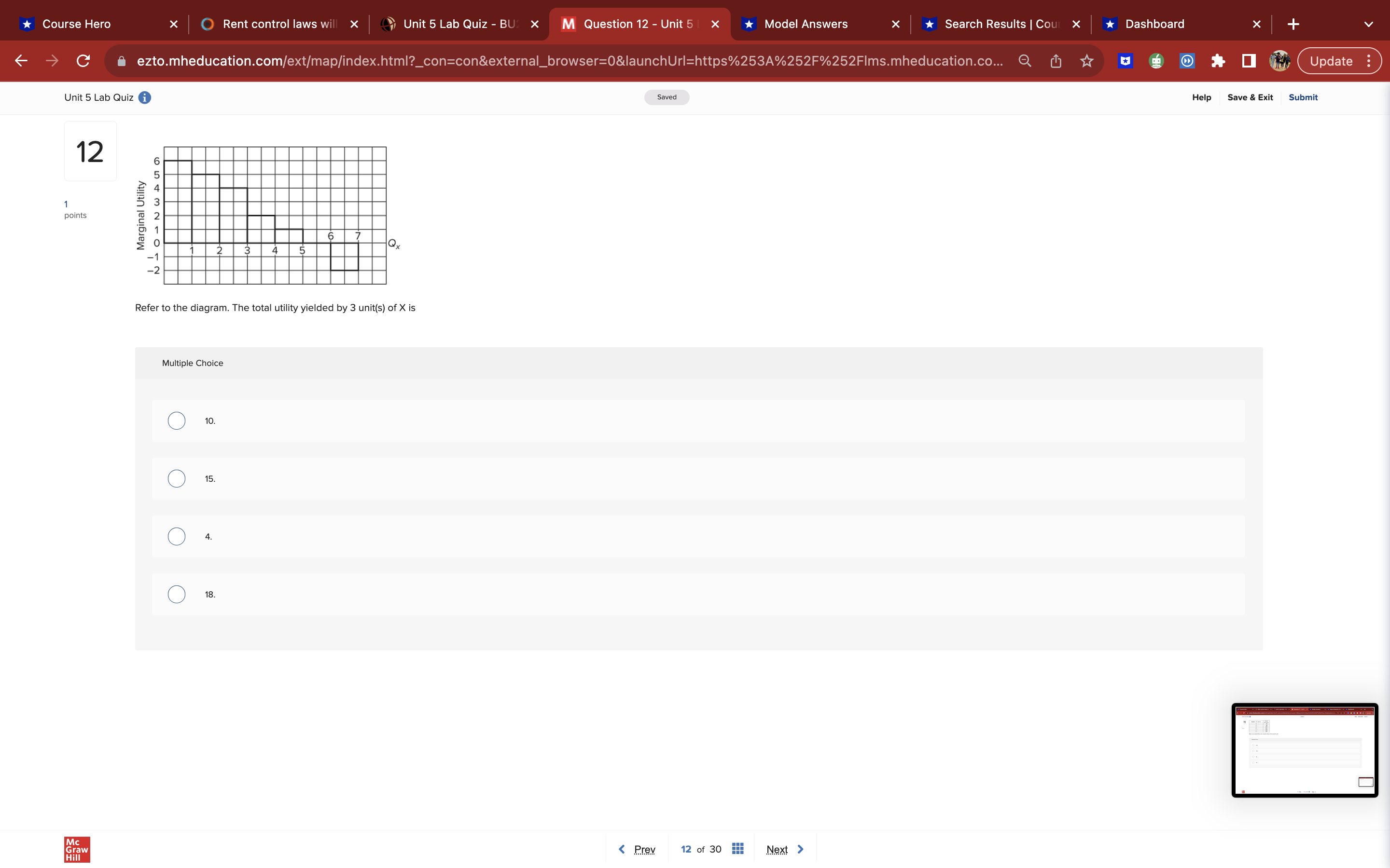 Submit 7 Units Consumed Total Utility Marginal Utility 0 0 40 A