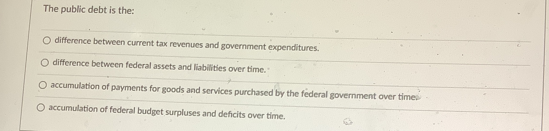 and government expenditures. O difference between federal assets and liabilities over time.