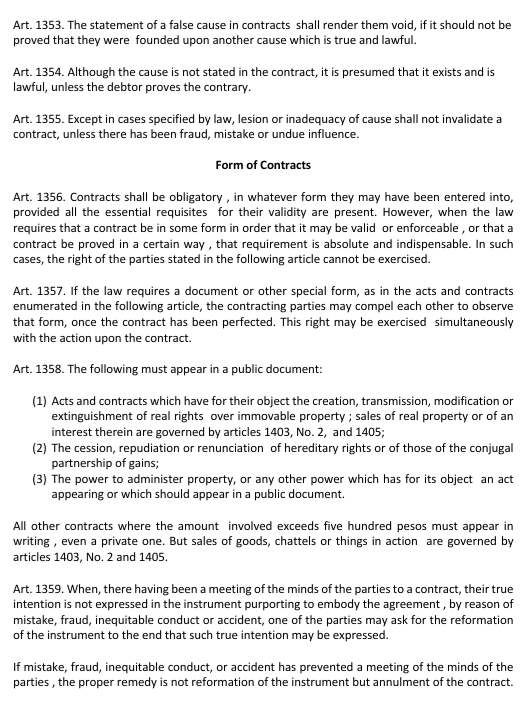 Inexistent Contracts TITLE II. - CONTRACTS Art. 1305. A contract is a