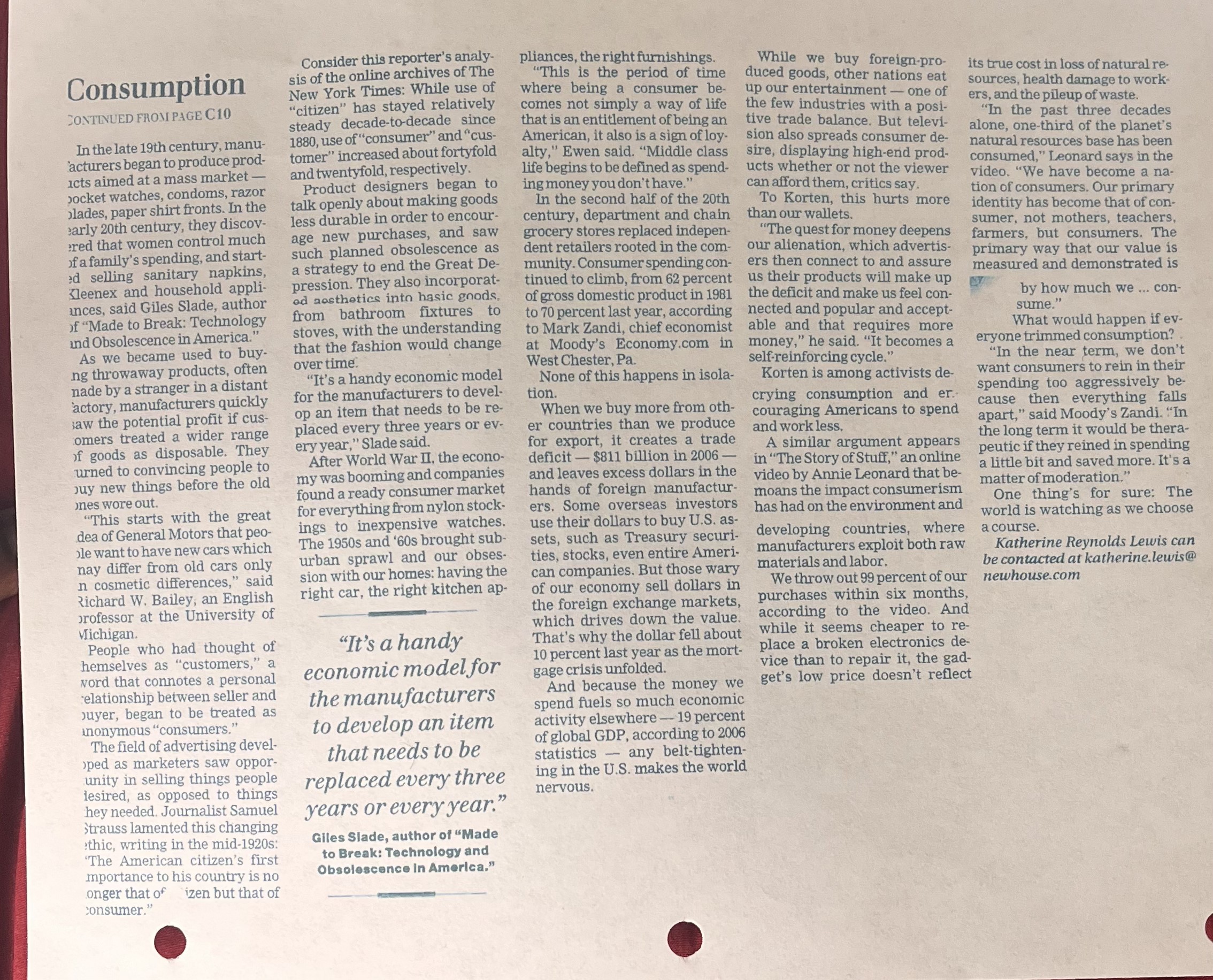 damage to work CONTINUED FROM PAGE C10 "citizen" has stayed relatively up