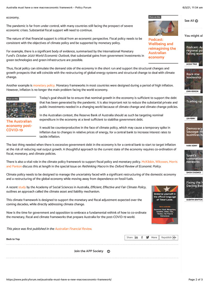 titled "Australia must have a new macroeconomic framework". Please read the article