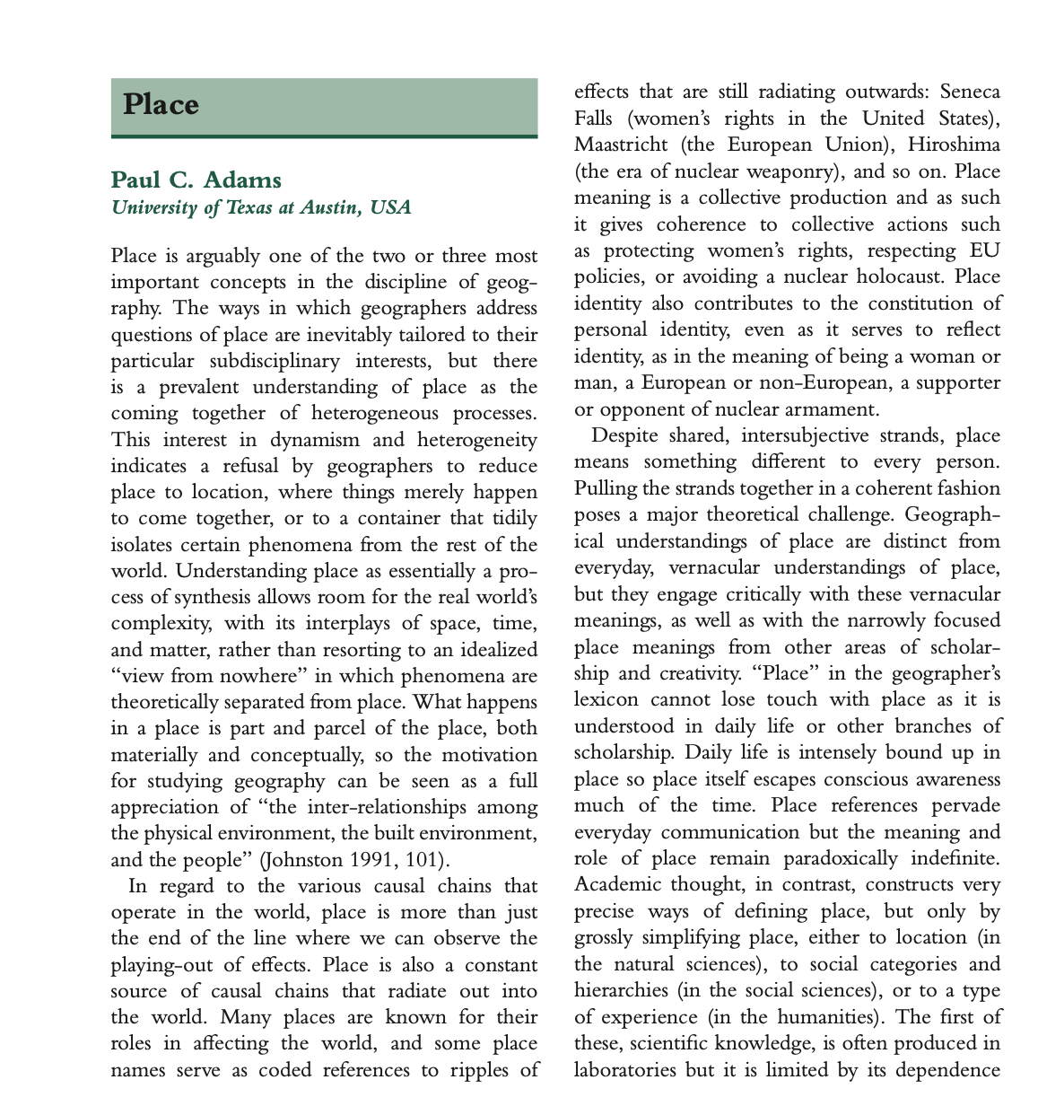 (materialon-material) define your connections to this place? What is its 'sense of