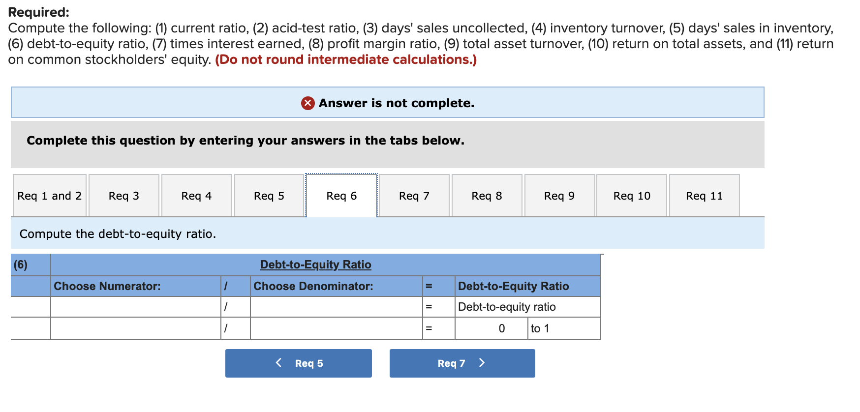 (7) times interest earned, (8) profit margin ratio, (9) total asset turnover,