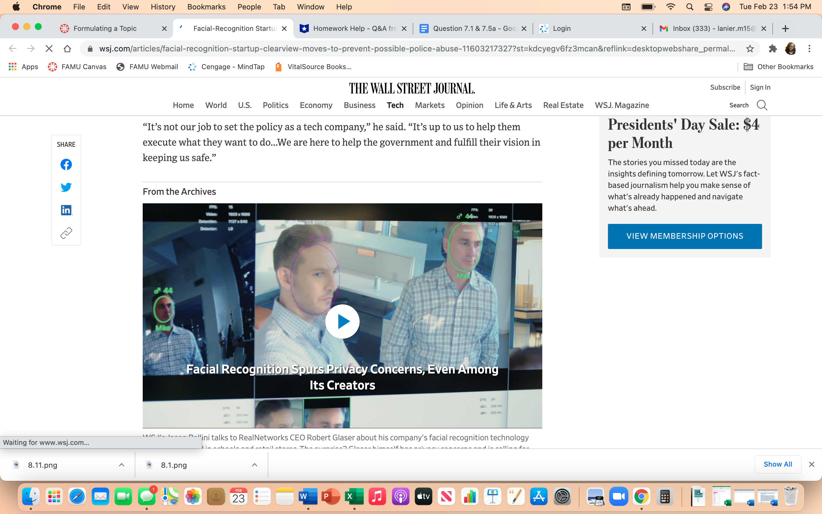 lanier.m15@ x + wsj.com/articles/facial-recognition-startup-clearview-moves-to-prevent-possible-police-abuse-11603217327?st=kdcyegv6fz3mcan&reflink=desktopwebshare_permal... Apps FAMU Canvas FAMU Webmail Cengage - MindTap
