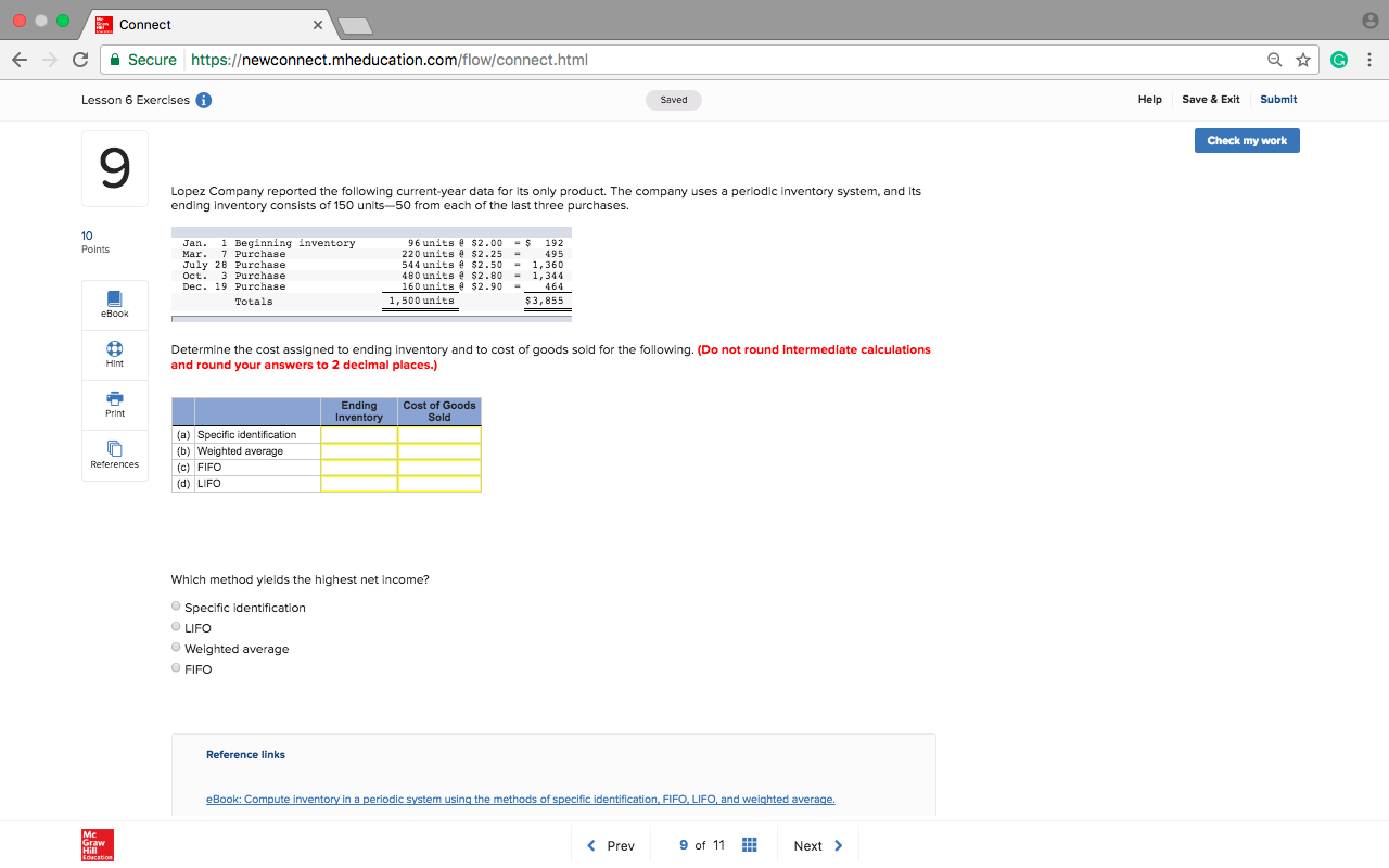 assigned to endlng inventory and to cost of goods sold using LIFO.