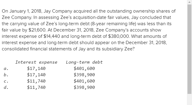 On January 1, 2018, Jay Company acquired all the outstanding ownership shares