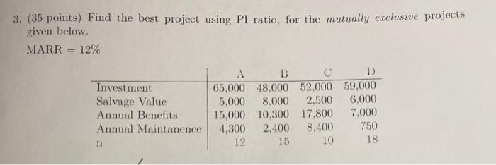 Solve clearly 3. (35 points) Find the best project using PI