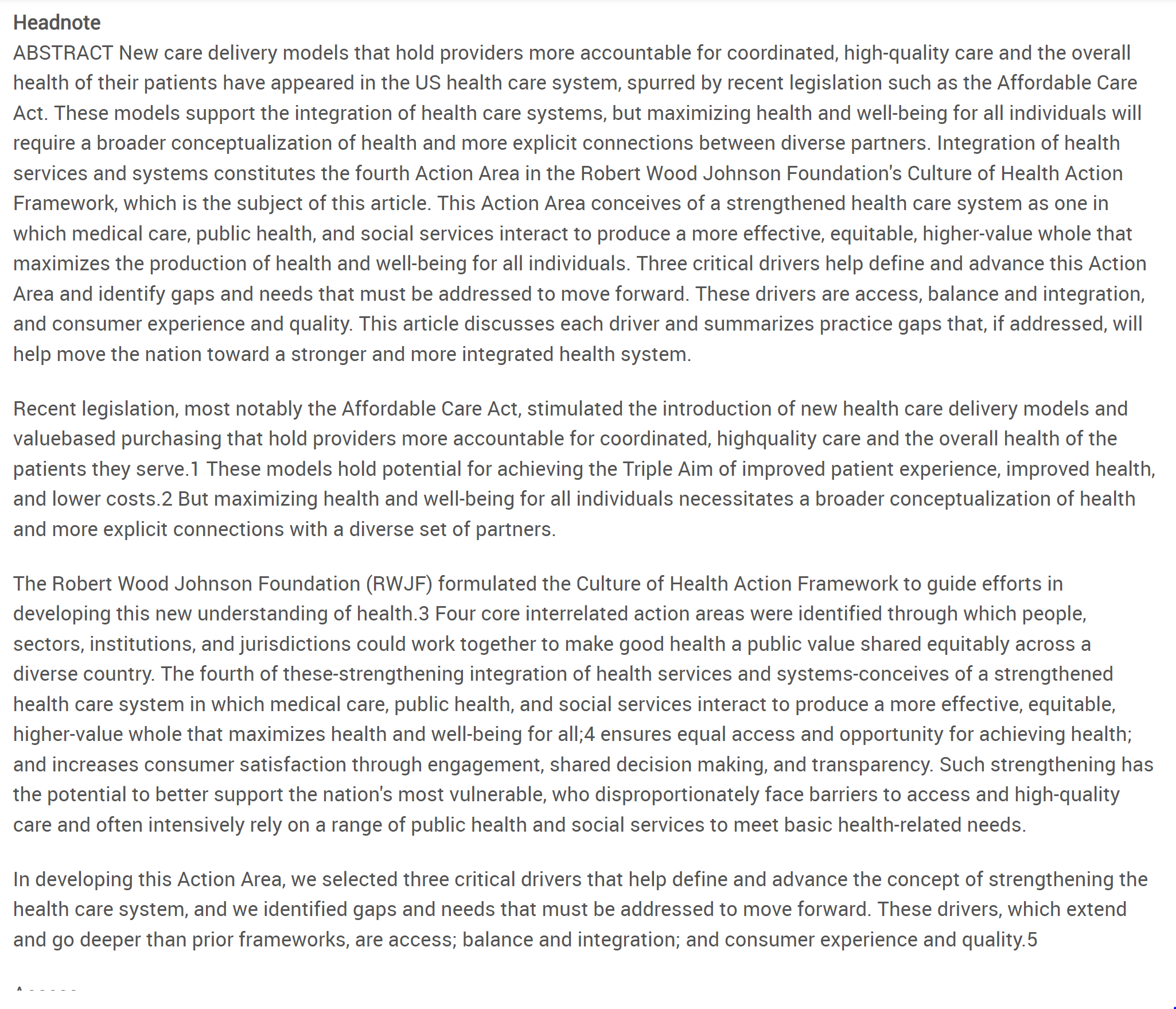 Summarize attached article Headnote ABSTRACT New care delivery models that hold