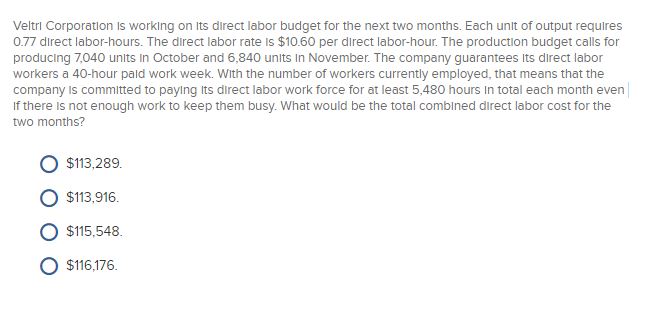 Veltrl Corporatlon Is worklng on Its direct labor budget for the next