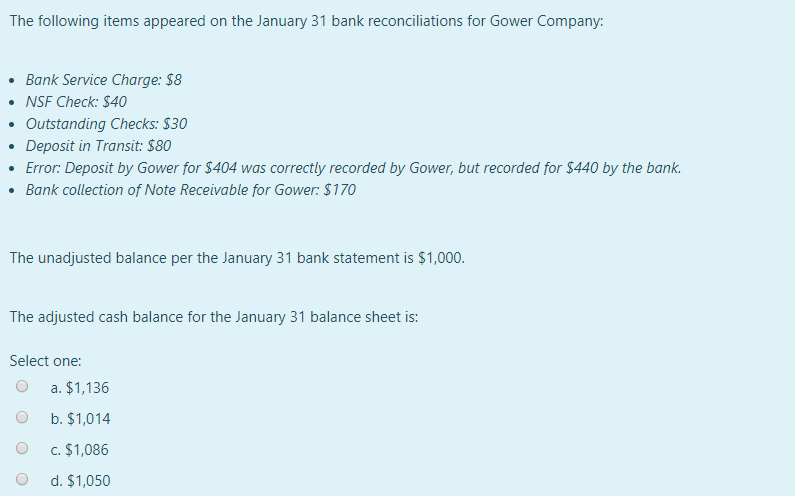 Company: Bonk Service Charge: 58 NSFCheck: $40 Outstanding Checks: 330 Deposit in