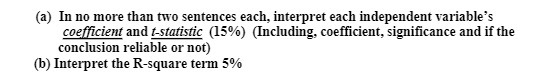 variable's coefficient and t-statistic (15%) (Including, coefficient, significance and if the conclusion