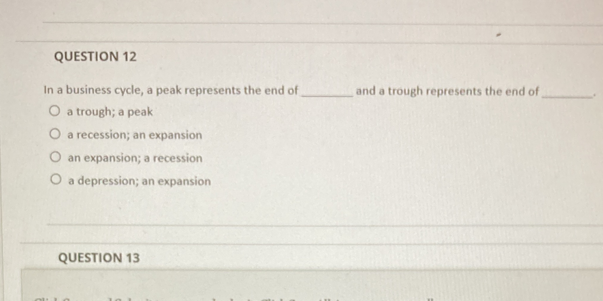 QUESTION 12 In a business cycle, a peak represents the end